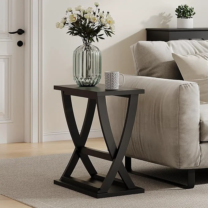 Pure ChooChoo Black End Table Narrow Side Table with Storage Shelf Modern X-Design Slim Bedside Tables for Living Room Bedroom Small SpacesAbout ThisOverview Elegant