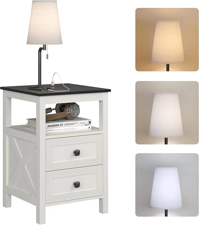 Refined WOPITUES Nightstand with Charging Station Farmhouse Night Stand with Drawers Bedside Table End Table for Bedroom Living Room Rustic White BlackAbout ThisOverview Advanced