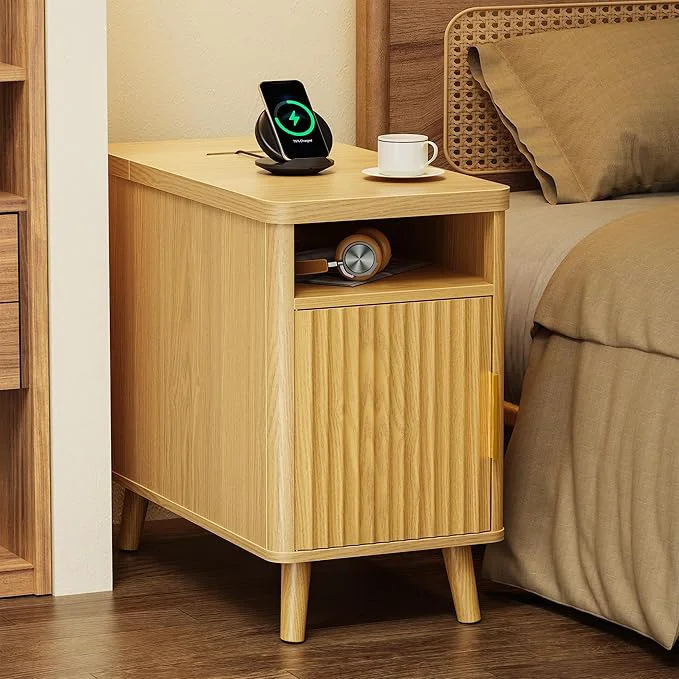Crafted Huuger Narrow End Table with Charging Station USB-C Port Fluted Nightstand with Storage Cabinet Back Rack Side Table for Small Spaces 13.4 × 23.6 Inch Night Stand with Storage NaturalAbout ThisOverview Fast