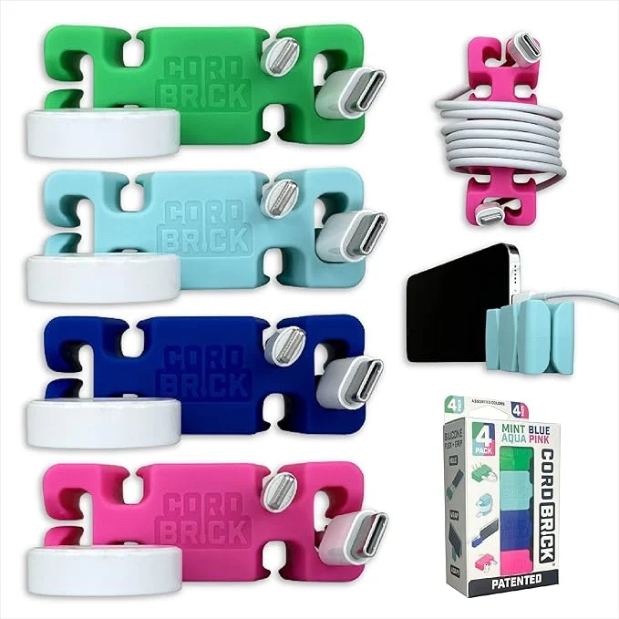Premium Material CordBrick Stocking Stuffers for Adults Cord Management Weighted Cord Holder Cable Wrap Phone Stand - Multiuse Gadget Organizer for Nightstand Desk. Gift for Men Durable Silicone. 4pk Asst NeutralsAbout ThisOverview Contemporary