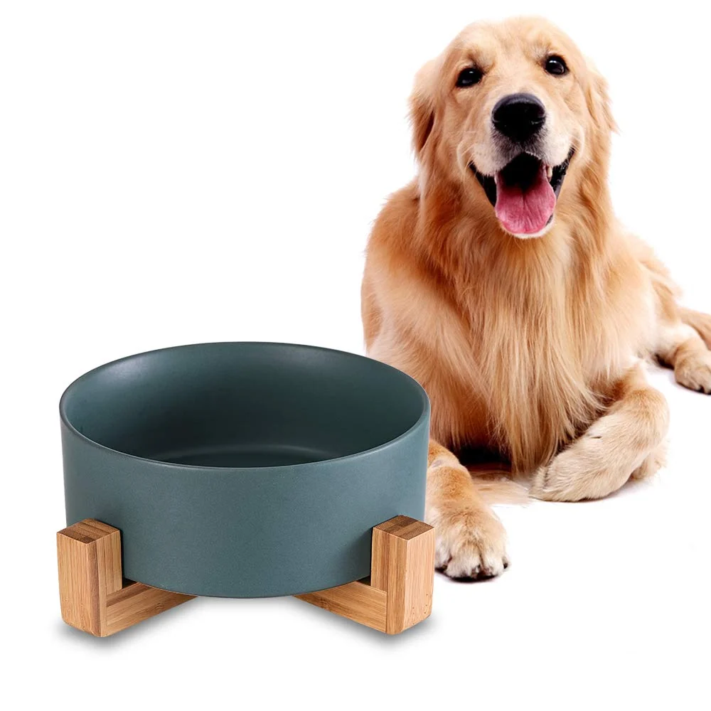 Premium HCHLQLZ Green Ceramic Dog Bowls with Wood Stand — Heavy No-Tip 8.4-Inch Diameter for Large Dogs Smart