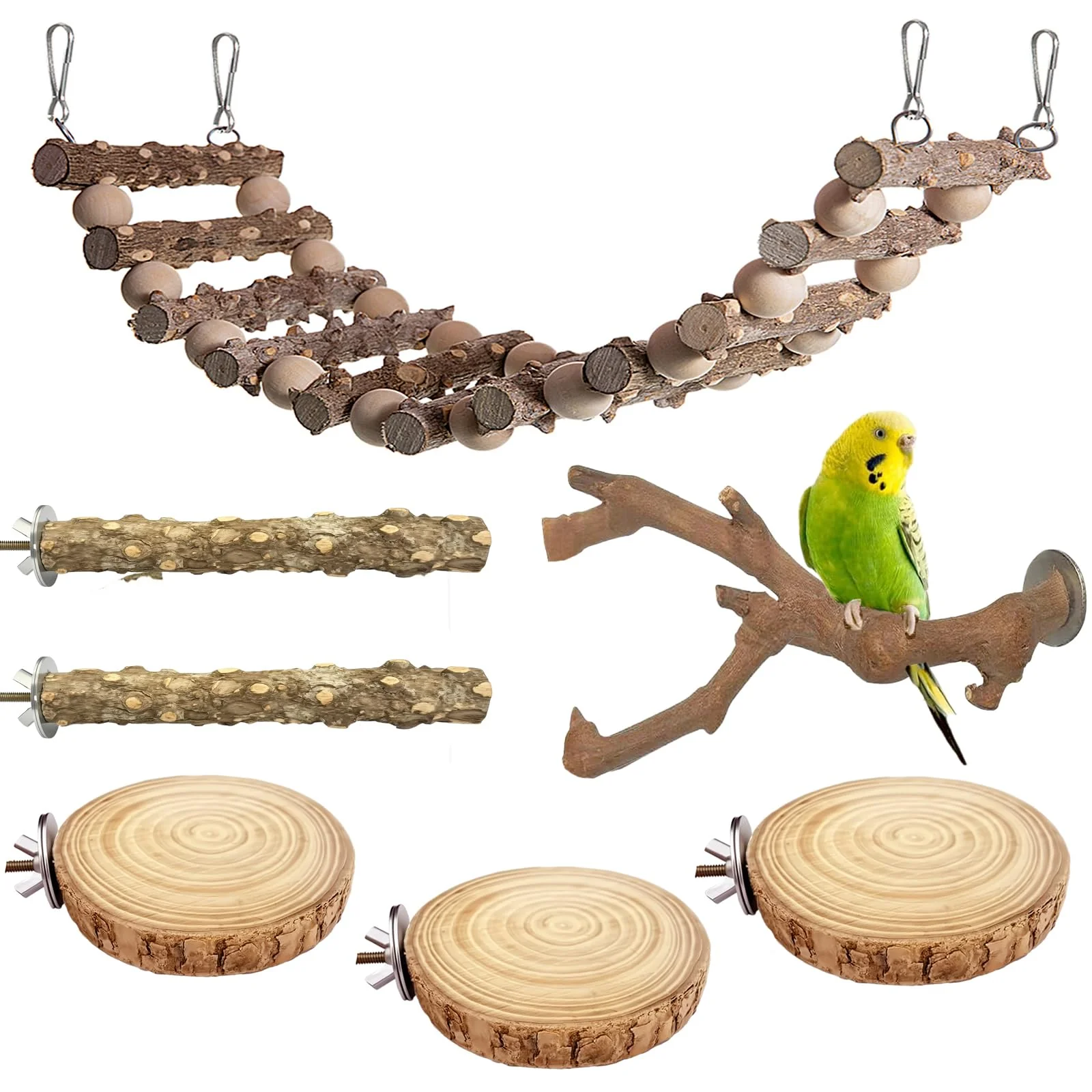 Enhanced JJunLiM Brid Perch Stand 7PCS — Natural Wooden Perches for Parakeets Small Birds Carefully Designed