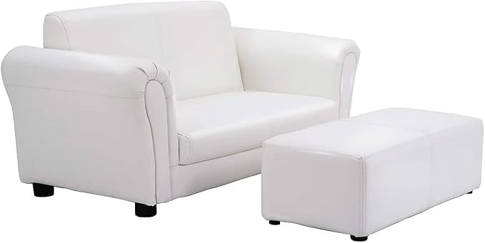 User-Friendly Costzon Kids Couch with Footstool 2 in 1 Double Seat Children's Sofa w PU Leather Surface Armrest Chair Lounge Soft Sofa for Preschool Bedroom Kids Room Toddlers Boys Girls Birthday White About ThisOverview Optimized