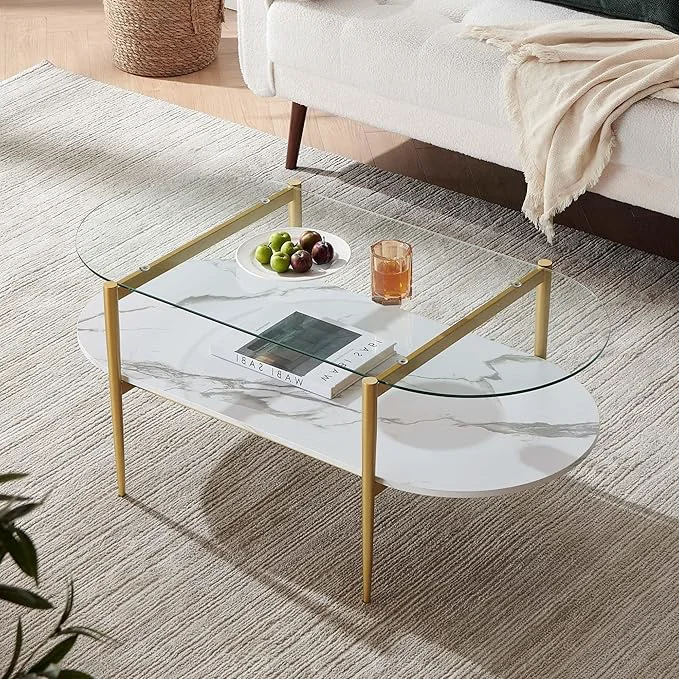 Exceptional Oval Coffee Table Mid-Century Modern Design L41 x W21 x H17 inch for Living Room Clear Glass Top White Marble Finish Wood Shelf Gold Finish FrameAbout ThisOverview Convenient