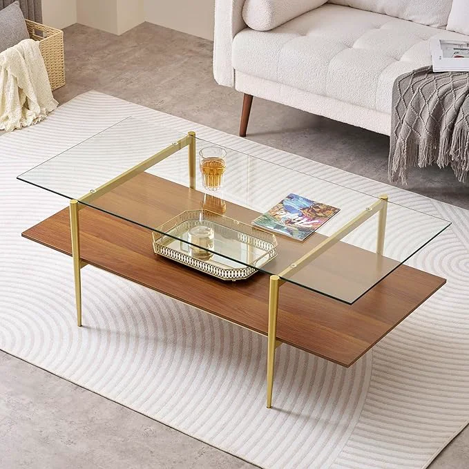 Professional X-Large Rectangle Glass Coffee Table Mid-Century Modern Design for Living Room L47xW24xH17 inch 2-Tier Structure Clear Glass Top and Walnut MDF Shelf Conical Metal Legs with Gold FinishAbout ThisOverview Specialty