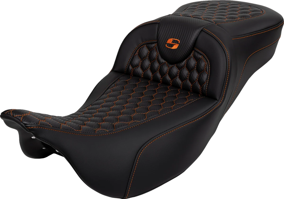 Relaxed SADDLEMEN RoadSofa Seat - Honeycomb - Orange Stitch - Extended Reach - FLH FLT '08-'23 Part Number 808-07B-19003 Minimalist
