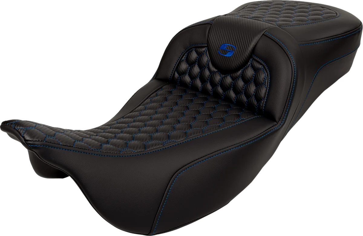 Unique SADDLEMEN RoadSofa Seat - Honeycomb - Blue Stitch - Extended Reach - FLH FLT '08-'23 - Part 808-07B-19001 Pure