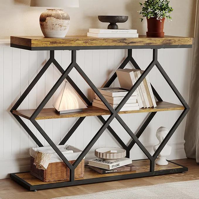 Crafted Garvee 3-Tier Entryway Table Industrial Console Sofa Table with Storage Accent Tables with Open Shelves Diamond-Shaped Metal Frame Foyer Tables for Entryway Hallway Rustic BrownAbout ThisOverview Solid
