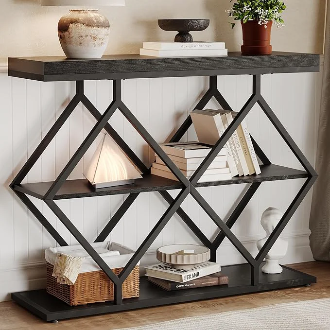 Environmentally Friendly Garvee 3-Tier Entryway Table Industrial Console Sofa Table with Storage Accent Table with Open Shelves Diamond-Shaped Metal Frame Foyer Table for Entryway Hallway BlackAbout ThisOverview Crafted