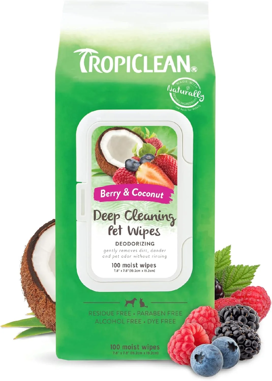 Pure TropiClean Deep Cleaning Pet Wipes 100ct - Wipes for Dogs Cats - Gently Removes Dirt Dander Smells - for Pet Paws Face Body Bottom - Sweet Berry Coconut Scent Convenient