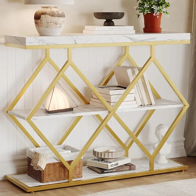 Solid Garvee 3-Tier Entryway Table Industrial Console Sofa Table with Storage Accent Table with Open Shelves Diamond-Shaped Metal Frame Foyer Table for Entryway Hallway WhiteAbout ThisOverview High-Quality