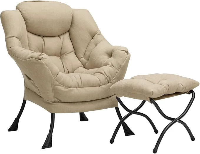 Fashionable HollyHOME Lazy Chair with Foldable Ottoman Accent Comfy Lounge Armchair and Folding Footrest Stool Leisure Sofa Reading Chair and Footstool for Living Room Bedroom Dorm Cotton-Linen TanAbout ThisOverview Functional