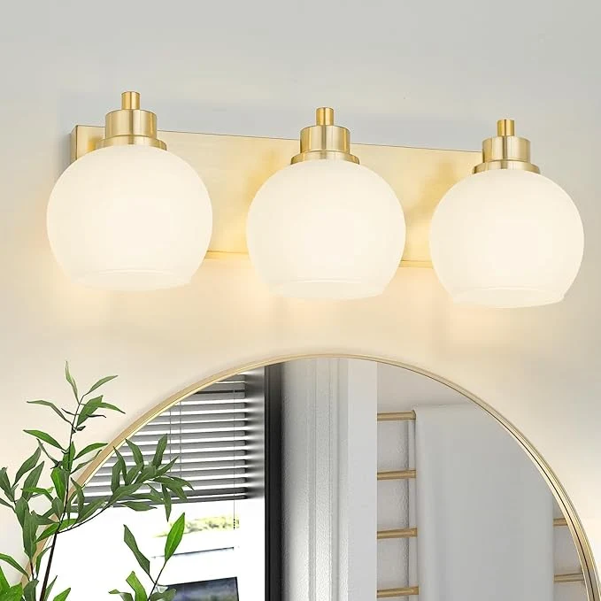 Premium Material Tuscarora Bathroom Light Fixtures Gold Vanity Light 3 Light Wall Sconces Lighting Brushed Brass Bathroom Lights Bath Wall Lights Wall Lamp for Mirror Kitchen Brushed Gold Milk Glass About ThisOverview Recyclable