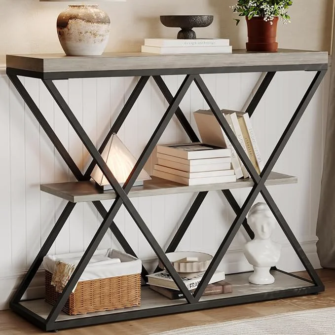 Practical Garvee 3-Tier Entryway Table Industrial Console Sofa Table with Storage Accent Table with Open Shelves X-Shaped Metal Frame Foyer Table for Entryway Hallway GrayAbout ThisOverview Artisan