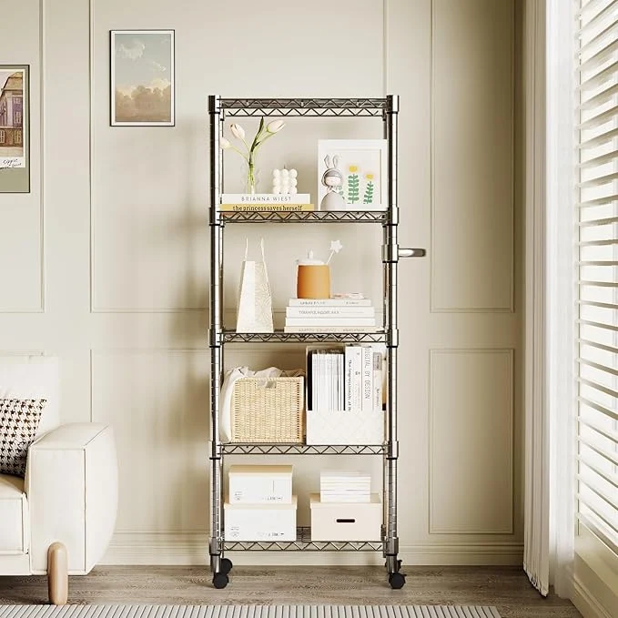 Trusted 5-Tier Storage Shelves with Wheels and Adjustable Shelf Heavy Duty Metal Shelving Unit Wire Rack Rolling Storage Shelving for Pantry Kitchen Garage Bedroom 61 H x 23.6 W x 11.8 DAbout ThisOverview Relaxed