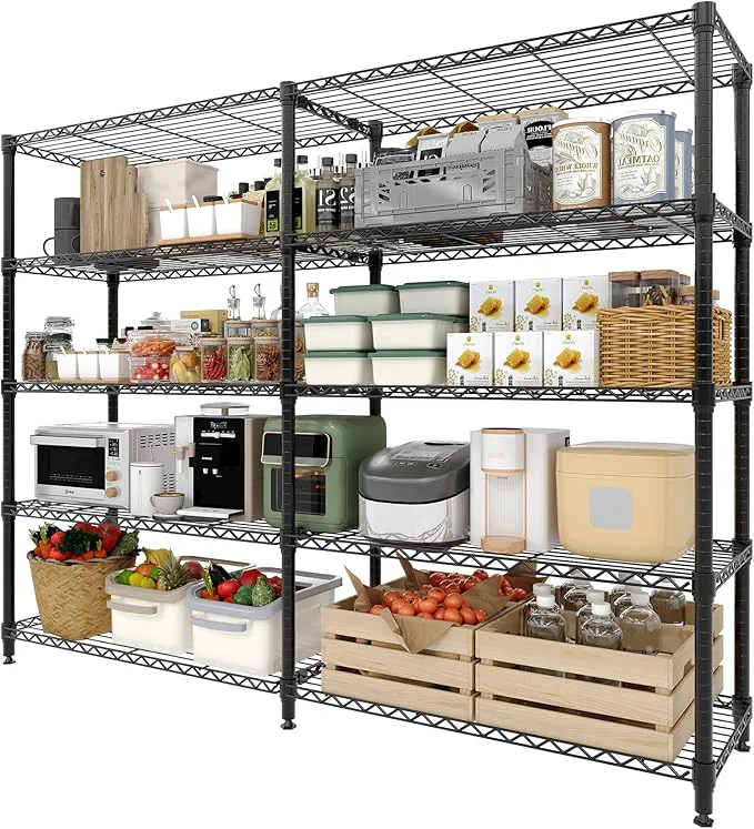Contemporary 5-Tier Storage Shelving Unit Metal Shelves 59 W Wire Shelving 70 H L-Shaped Pantry Shelves Kitchen Storage Shelves for Home Commercial Garage Heavy Duty 70.5 H x 59 W x 13.8 DAbout ThisOverview Breathable