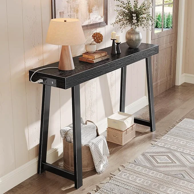 Carefully Designed Huuger Entryway Console Table with Charging Station USB-C Port 47.2 Inch Sofa Table with Metal Legs Entry Hallway Table with Thicker Desktop Modern Behind Couch Table BlackAbout ThisOverview Premium Material