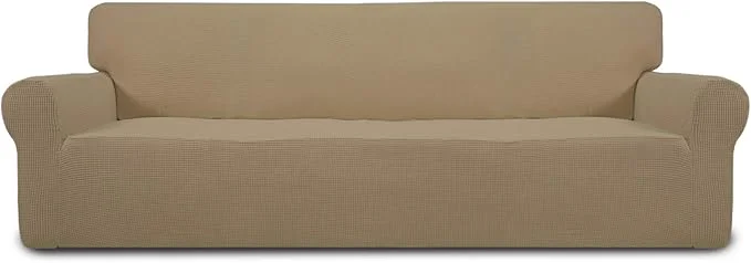 Safe Easy-Going Stretch 4 Seater Sofa Slipcover 1-Piece Sofa Cover Furniture Protector Couch Soft with Elastic Bottom for Kids Polyester Spandex Jacquard Fabric Small Checks TanAbout ThisOverview Innovative