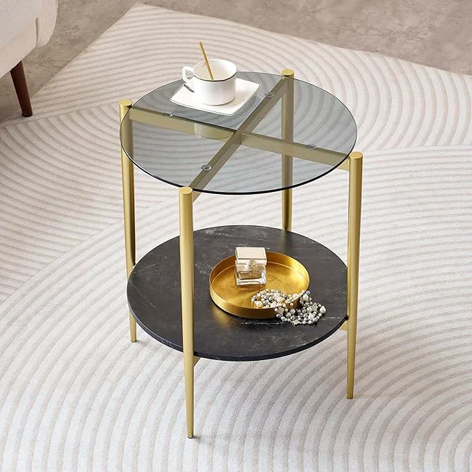 First-Class Round Glass End Table Mid-Century Modern Design Sofa Table for Living Room D18 x H23 in 2-Tier Structure Grey Glass Top and Black Marble Shelf Sleek Conical Legs with Gold Finish FrameAbout ThisOverview Exclusive
