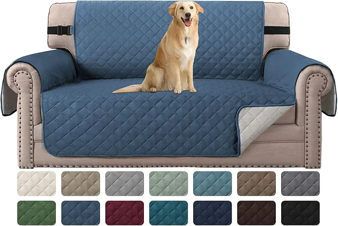 Efficient H.VERSAILTEX Loveseat Slipcover Reversible Loveseat Cover Seat Width Up to 46 Water Resistant Couch Cover with Elastic Strap Quilted Furniture Protector for Pets Loveseat Dark Blue Beige About ThisOverview Reliable