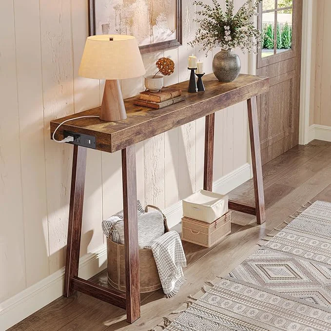 Smooth Huuger Entryway Console Table with Charging Station USB-C Port 47.2 Inch Sofa Table with Metal Legs Entry Hallway Table with Thicker Desktop Modern Behind Couch Table Rustic BrownAbout ThisOverview Solid