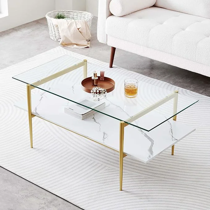 Easy-to-Use Rectangle Coffee Table for Living Room Mid-Century Modern Design L41 x W21 x H17 2-Tier Structure Clear Glass Top and White Marble Finish Wood Shelf Conical Legs with Gold FinishAbout ThisOverview Practical