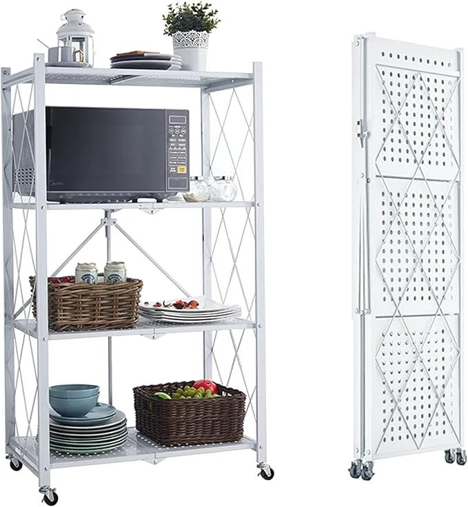 Trendy Folding Shelf Foldable Shelves with Wheels - Folding Shelves No Assembly Collapsible Shelf Unit Display Kitchen Organizers and Storage Pop Up Heavy Duty Rack 4-Tier White 28 D x 14 W x 49 HAbout ThisOverview Secure