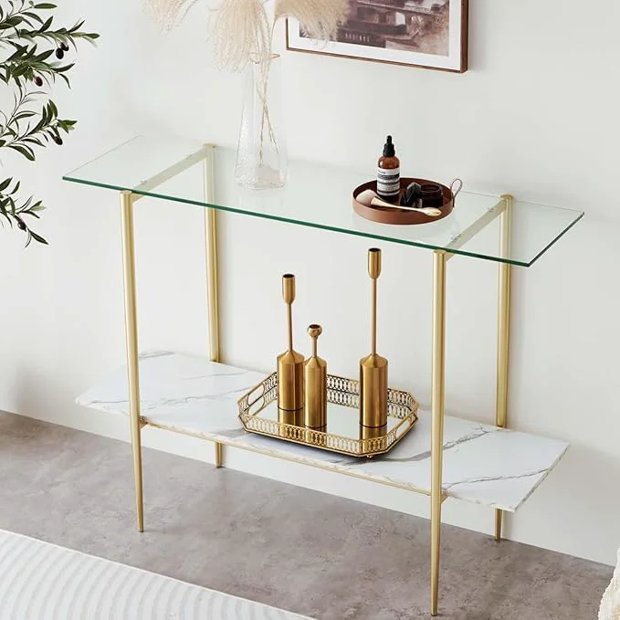 Effective Glass Console Table for Living Room Foyer Entrance 2-Tiers Mid-Century Modern Sofa Table with Clear Glass Top White Marble Finish Wood Shelf and Gold Finish FrameAbout ThisOverview Authentic
