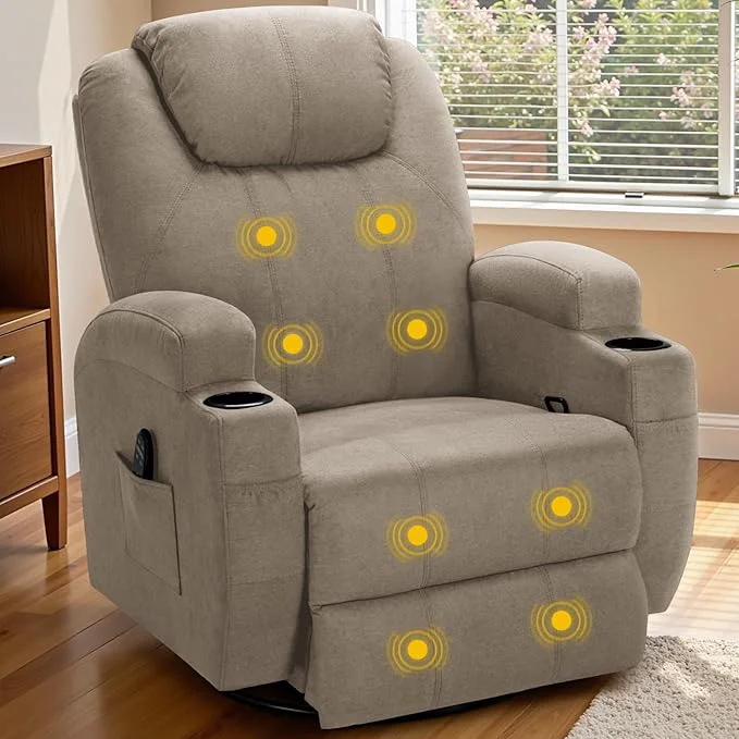 Consistent Recliner Chair 360° Swivel Rocker Chair for Adults Rocking Recliner Chair with Massage Comfy Single Sofa with Side Pockets Cup Holders for Living Room Bedroom Nursery Fabric Khaki About ThisOverview Fine Crafted