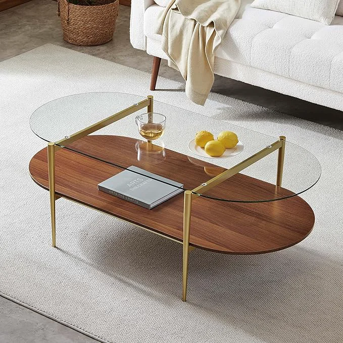 Easy-to-Use X-Large Oval Glass Coffee Table Mid-Century Modern Design L47 x W24 x H17 inch for Living Room Clear Glass Top and Walnut Finish Wood Shelf Conical Legs with Gold Finish FrameAbout ThisOverview Quality