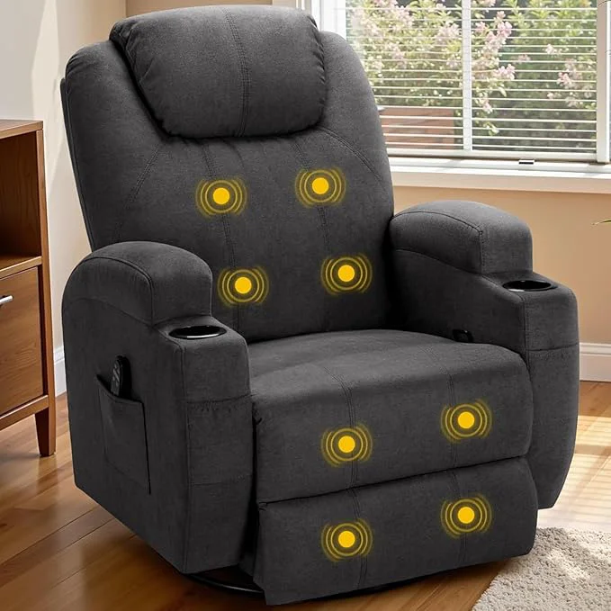 Secure Recliner Chair 360° Swivel Rocker Chair for Adults Rocking Recliner Chair with Massage Comfy Single Sofa with Side Pockets Cup Holders for Living Room Bedroom Nursery Fabric Dark Gray About ThisOverview Safe