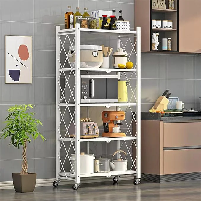 Elegant Folding Shelf Foldable Shelves with Wheels - Folding Shelves No Assembly Collapsible Shelf Unit Display Kitchen Organizers and Storage Pop Up Heavy Duty Rack 5-Tier White 28 D x 14 W x 63 HAbout ThisOverview Unique
