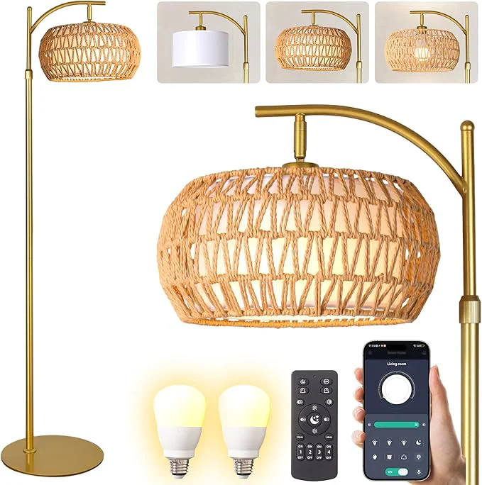 Relaxed Gold Boho Rattan Floor Lamp w Remote Dimmable 2700K - 6000K 2 - in - 1 Wicker Fabric Shade Adjustable 165-172cm for Living Room BedroomAbout ThisOverview Premium Material