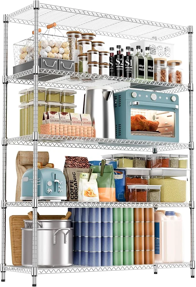 Contemporary 5 Tiers Shelf 1750 lbs Steel Storage Shelving Utility Shelving Unit Steel Organizer Wire Rack for Home Kitchen Office Garage Chrome 17.7 D x 47.2 W x 72.4 HAbout ThisOverview Unique