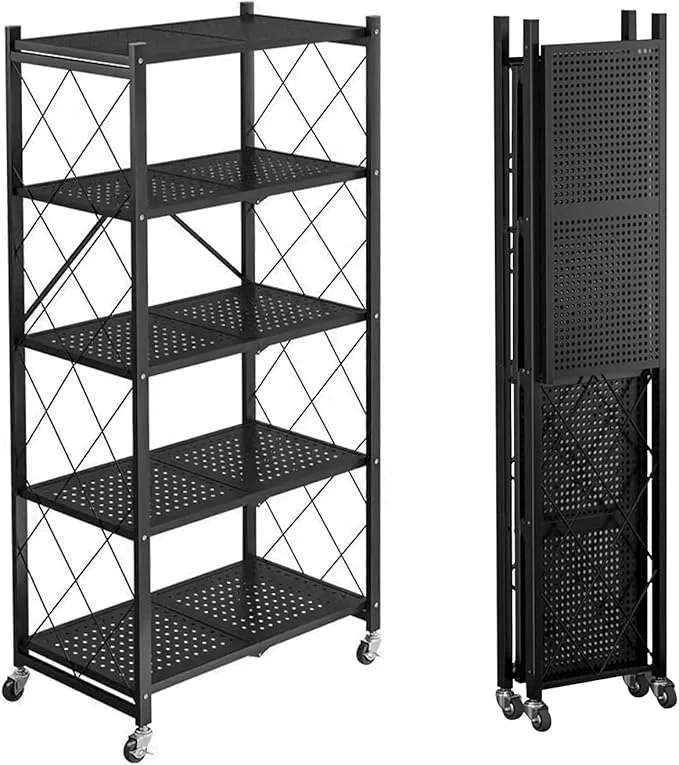 Healthy Folding Shelf Foldable Shelves with Wheels - Folding Shelves No Assembly Collapsible Shelf Unit Display Kitchen Organizers and Storage Pop Up Heavy Duty Rack 5-Tier Black 28 D x 14 W x 63 HAbout ThisOverview Versatile