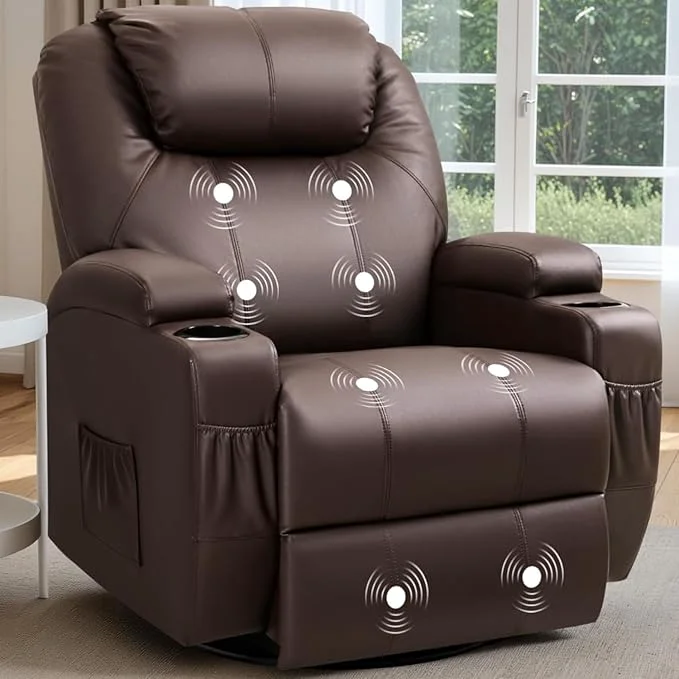 Effective Recliner Chair 360° Swivel Rocker Chair for Adults Rocking Recliner Chair with Massage Comfy Single Sofa with Side Pockets Cup Holders for Living Room Bedroom Nursery Leather Dark Brown About ThisOverview Consistent