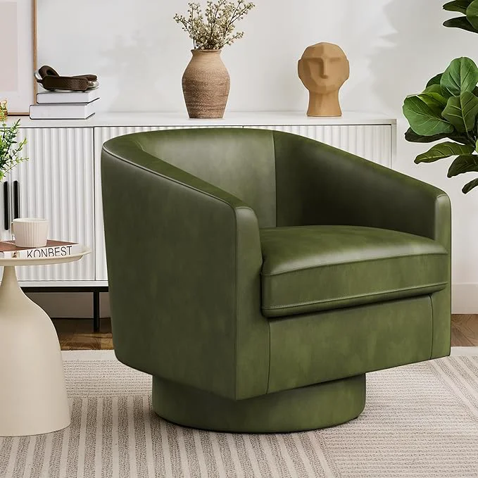 Exceptional Swivel Barrel Accent Chair Round Faux Leather Living Room Arm Chairs Modern Upholstered Comfty Reading Nook Chairs for Bedroom Small Club Armchair Single Sofa Side Chair GreenAbout ThisOverview Reusable