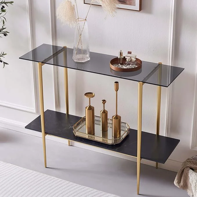 Detailed Glass Console Table for Living Room Foyer Entrance 2-Tiers Mid-Century Modern Sofa Table with Grey Glass Top Black Marble Finish Wood Shelf and Gold Finish FrameAbout ThisOverview Carefully Designed