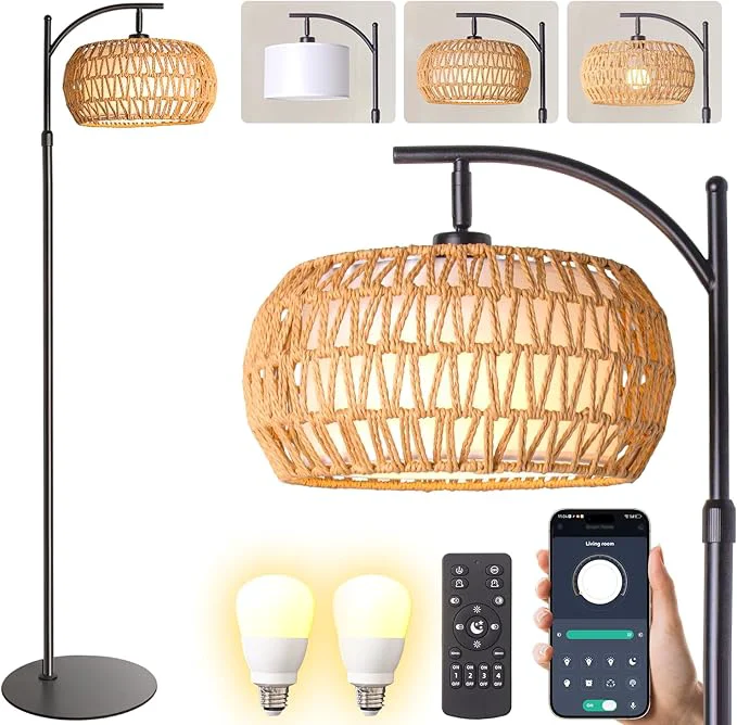 Excellent Boho Rattan Floor Lamp with Shade – 12W Bright Dimmable LED Bulb Remote Control 3 Color Temperatures Modern Farmhouse Handwoven Arc Standing Light for Living Room BedroomAbout ThisOverview World-Class