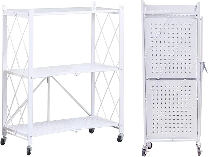Reusable Folding Shelf Foldable Shelves with Wheels - Folding Shelves No Assembly Collapsible Shelf Unit Display Kitchen Organizers and Storage Pop Up Heavy Duty Rack 3-Tier White 28 D x 14 W x 34 HAbout ThisOverview Trendy