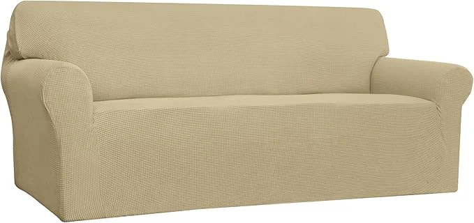 Pure Easy-Going Stretch 4 Seater Sofa Slipcover 1-Piece Sofa Cover Furniture Protector Couch Soft with Elastic Bottom for Kids Polyester Spandex Jacquard Fabric Small Checks BeigeAbout ThisOverview Relaxed