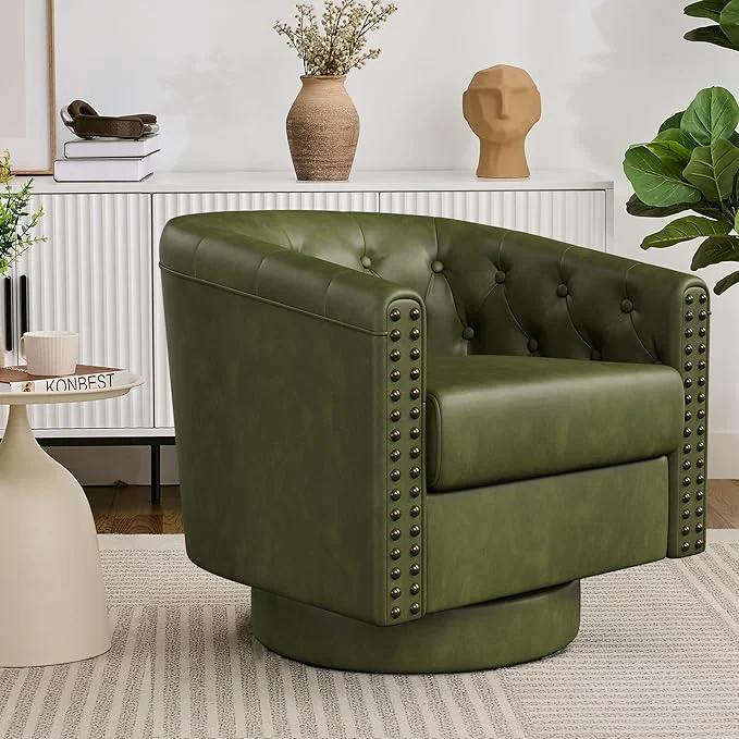 Excellent Swivel Barrel Accent Chair Round Nailhead Faux Leather Living Room Arm Chairs Modern Upholstered Comfty Reading Nook Chairs for Bedroom Small Club Armchair Single Sofa Side Chair Olive GreenAbout ThisOverview Long-Lasting