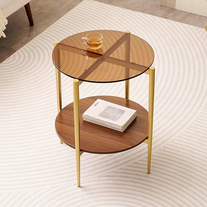 Premium Round Glass End Table Mid-Century Modern Design Sofa Table for Living Room D18 x H23 2-Tier Structure Amber Glass Top and Walnut Shelf Sleek Conical Legs with Gold Finish FrameAbout ThisOverview Efficient
