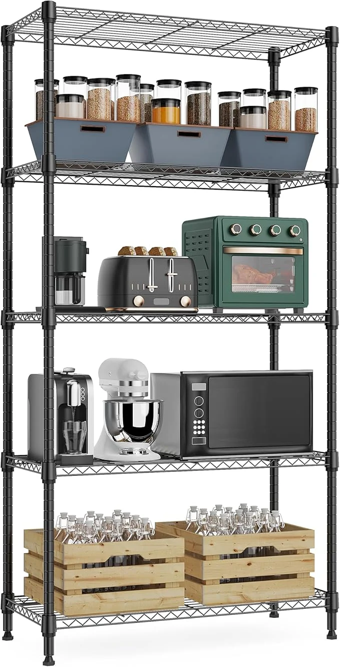 Safe 1250 lbs 5 Tier Shelf Metal Storage Shelves Wire Rack Closet Organizers with Wheel for Garage Kitchen Bathroom Laundry Black 13.7 D x 23.6 W x 62.4 HAbout ThisOverview Quality