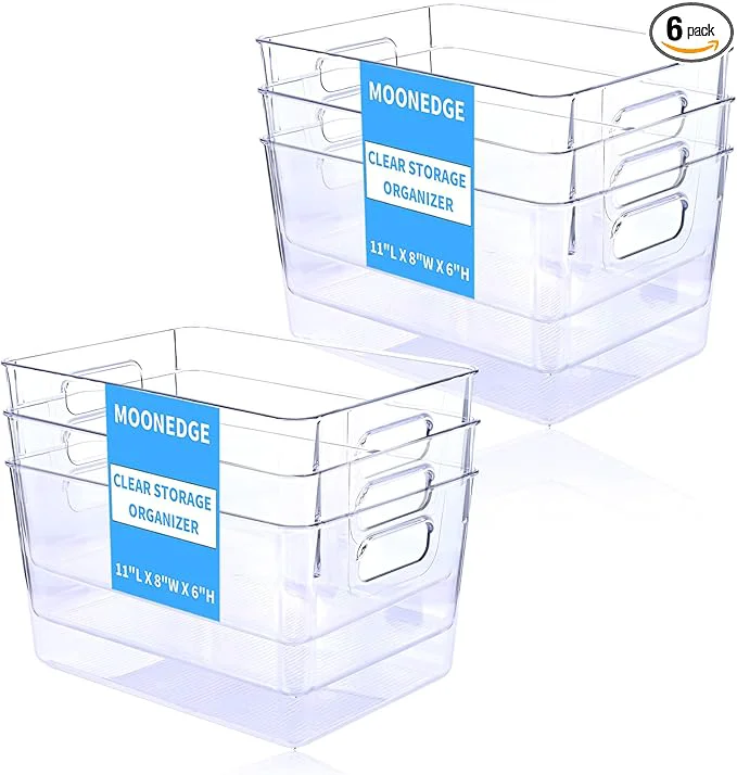 Convenient MOONEDGE Open Clear Plastic Storage Bins Stackable Organizer Containers with Handles for Kitchen Pantry Fridge Cabinet Closet Storage Home Organization 6 Pack（11 x 8 x 6 in）About ThisOverview Powerful