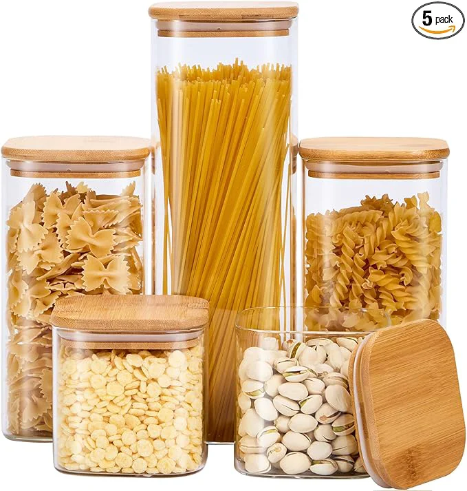 Long-Lasting Square Glass Food Storage Jars with Lids Set of 5 for Pasta Cookies Nuts Coffee Ce Flour Organize Your Kitchen and Pantry with these BPA- Glass Jars with CanistersAbout ThisOverview Exceptional