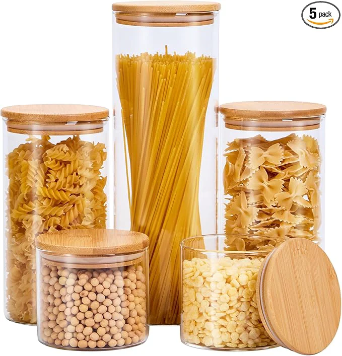 Responsible Glass Food Storage Jars with Lids Set of 5 for Pasta Cookies Nuts Coffee Ce Flour and More Organize Your Kitchen and Pantry with these BPA- Glass CanistersAbout ThisOverview Relaxed