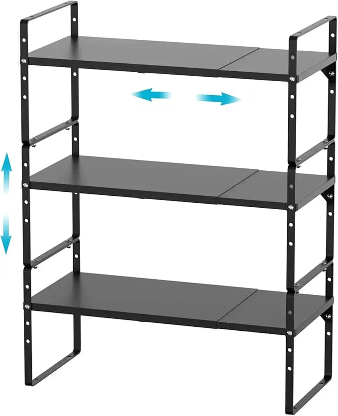 Elite iPEGTOP Expandable Cabinet Storage Shelf Organizer Rack Heavy Duty Steel Metal Spice Rack Adjustable Height Home Office Garage Pantry Shelf Space Riser for Counter Kitchen Organization Black 3 PackAbout ThisOverview Innovative