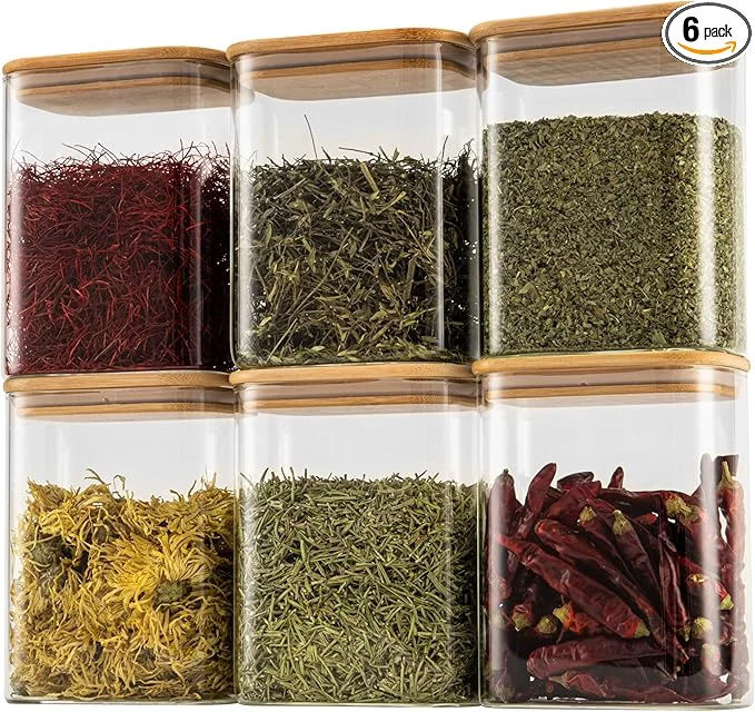 Practical 37oz Rectangle Airtight Glass Storage Containers with Bamboo Lids Set of 6 Square Food Storage Jar Pantry Organizers for Ce Nuts Snacks and Coffee beans ‎with Black Lable About ThisOverview Consistent