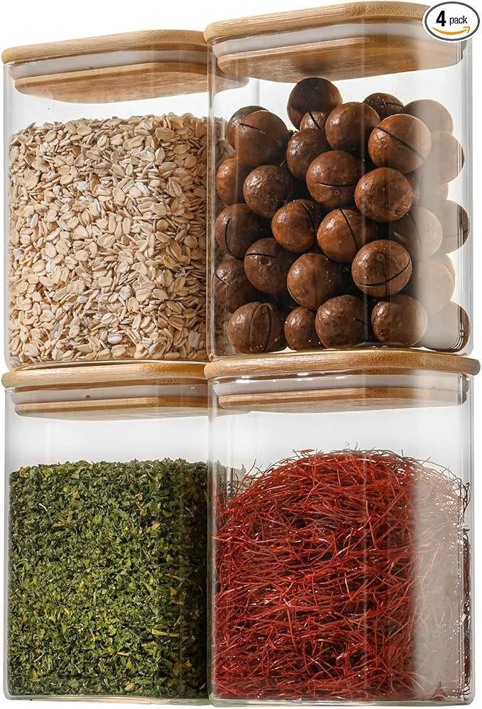 Superior 37oz Rectangle Airtight Glass Storage Containers with Bamboo Lids Set of 4 Square Food Storage Jar Pantry Organizers for Ce Nuts Snacks and Coffee beans ‎with Black Lable About ThisOverview Contemporary